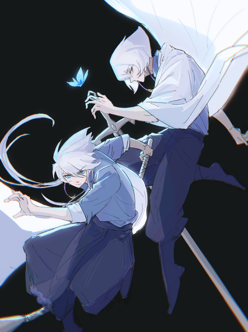 2boys absurdres alef_(sky:_children_of_the_light) bishounen bob_cut bug butterfly cape daleth_(sky:_children_of_the_light) earrings grey_hair hakama hakama_pants highres inverted_bob japanese_clothes jewelry jitome long_sleeves male_focus moxiangwencun multiple_boys pants profile short_hair sky:_children_of_the_light sleeve_cuffs spiked_hair tassel tassel_earrings tsurime white_hair