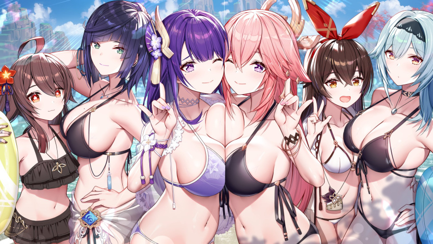 6+girls akusema amber_(genshin_impact) bangs bikini black_bikini black_hairband blue_hair bracelet breasts brown_hair choker cleavage closed_mouth commentary_request diagonal_bangs docking eula_(genshin_impact) fox_shadow_puppet genshin_impact green_eyes hair_ornament hairband hand_on_hip hand_up highres hu_tao_(genshin_impact) jewelry large_breasts long_hair looking_at_viewer mole mole_on_breast multiple_girls navel necklace one_eye_closed open_mouth outdoors pink_hair purple_bikini purple_eyes purple_hair raiden_shogun red_eyes red_hairband short_hair smile swimsuit vision_(genshin_impact) white_bikini yae_miko yelan_(genshin_impact)