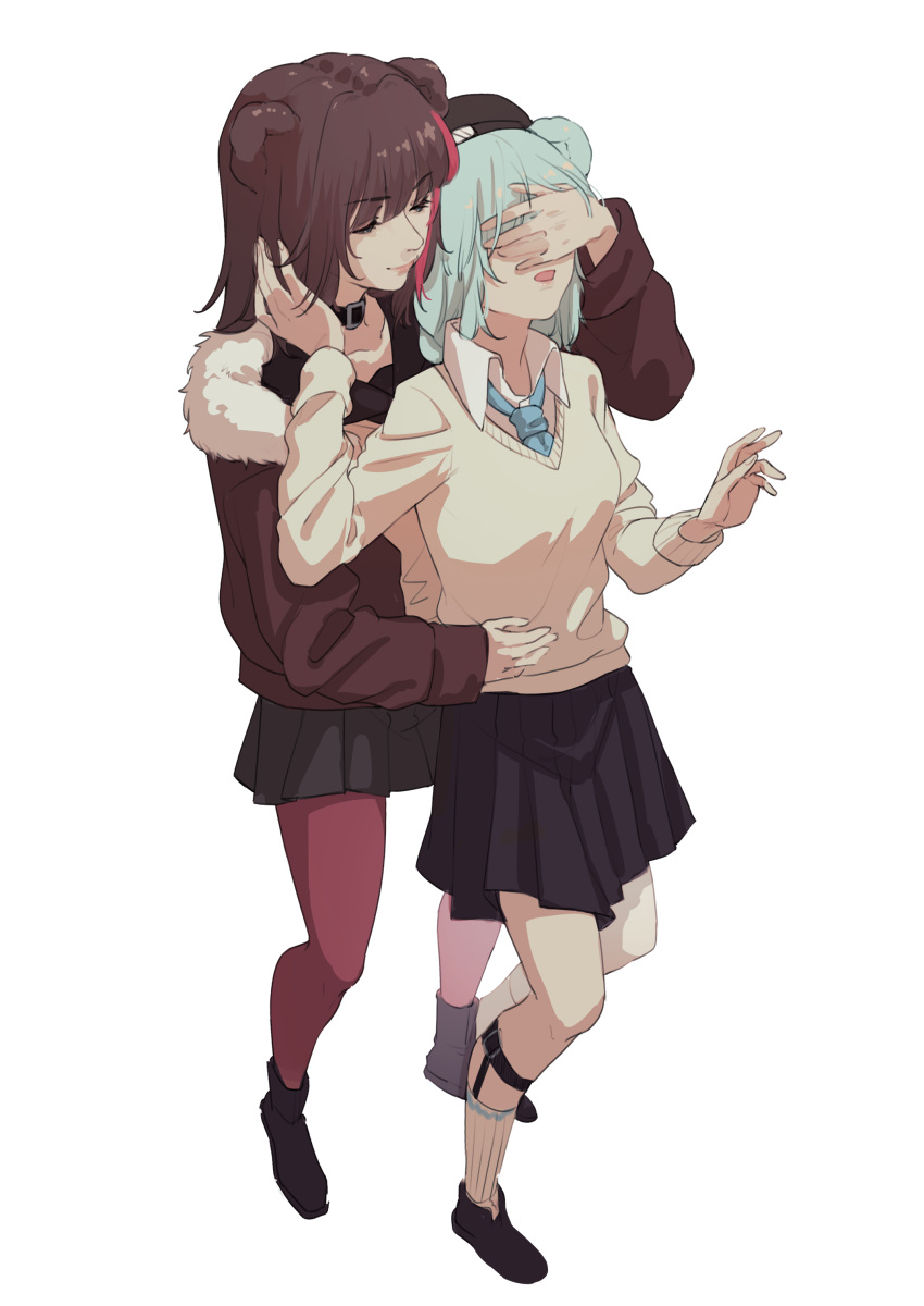 2girls absurdres animal_ears arknights bear_ears beret black_collar black_footwear black_headwear black_skirt blue_hair blue_necktie boots braid breasts brown_hair brown_jacket closed_eyes collar collarbone covering_another's_eyes full_body fur-trimmed_jacket fur_trim hat highres istina_(arknights) jacket long_hair multicolored_hair multiple_girls necktie open_mouth pantyhose pleated_skirt red_hair red_pantyhose shoes simple_background skirt small_breasts socks streaked_hair white_background white_socks ya_kexi yuri zima_(arknights)