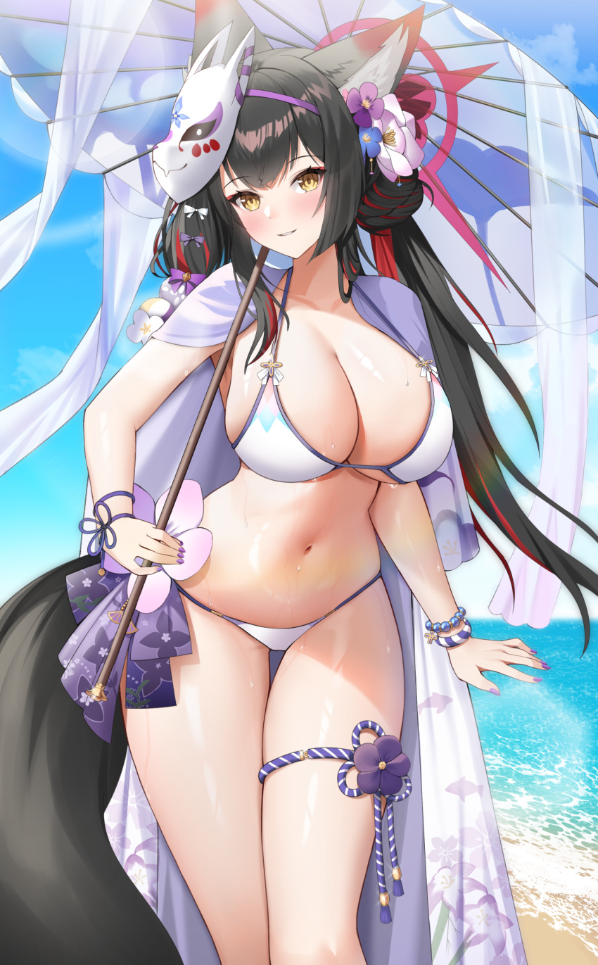 1girl animal_ears animal_print beach bikini black_hair black_tail blue_archive blue_sky breasts cleavage cloud fish_print floating_hair floral_print flower flower_knot fox_ears fox_girl fox_mask fox_tail hair_flower hair_ornament highres holding holding_umbrella large_breasts long_hair mask mask_on_head navel neko_lu_(wofud453) oil-paper_umbrella on_shoulder outdoors parted_lips purple_nails red_hair robe sand sidelocks skindentation sky solo stomach strap_gap swimsuit tail thigh_gap thigh_strap thighs twintails umbrella wakamo_(blue_archive) wakamo_(swimsuit)_(blue_archive) wet white_bikini yellow_eyes