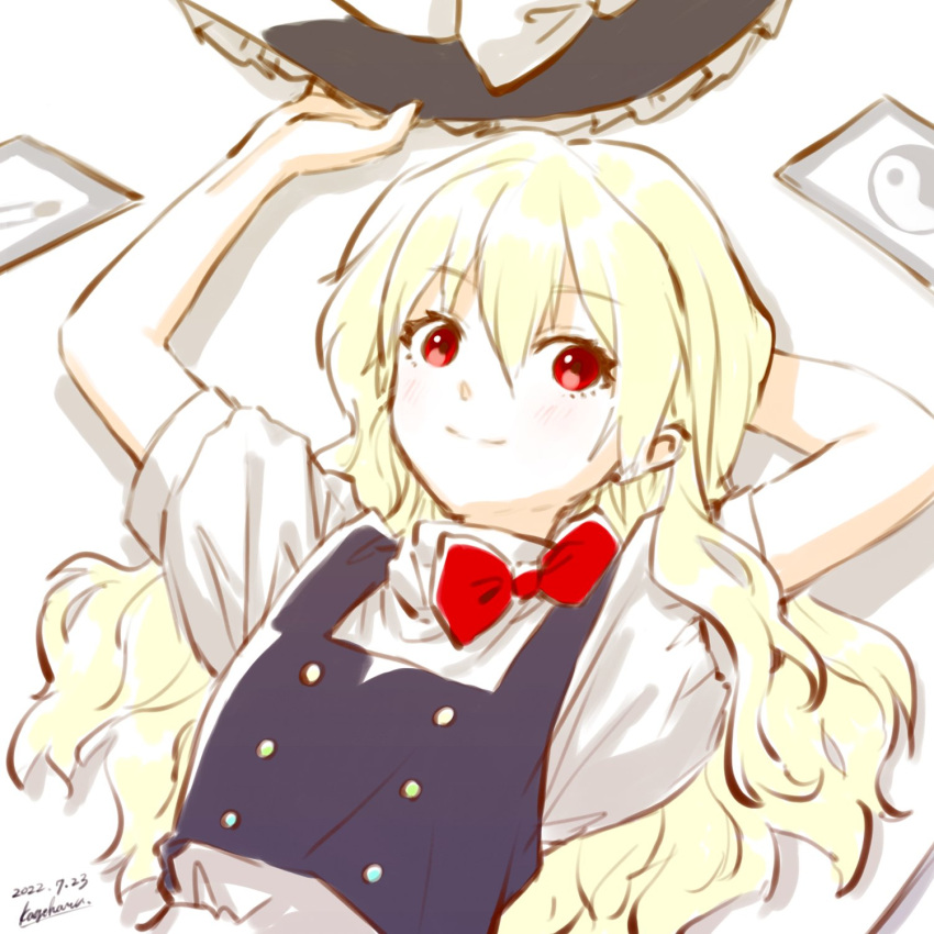 100th_black_market 1girl black_vest blonde_hair bow buttons hat hat_bow highres kageharu kirisame_marisa long_hair lying puffy_short_sleeves puffy_sleeves red_bow red_eyes shirt short_sleeves touhou vest white_shirt witch_hat