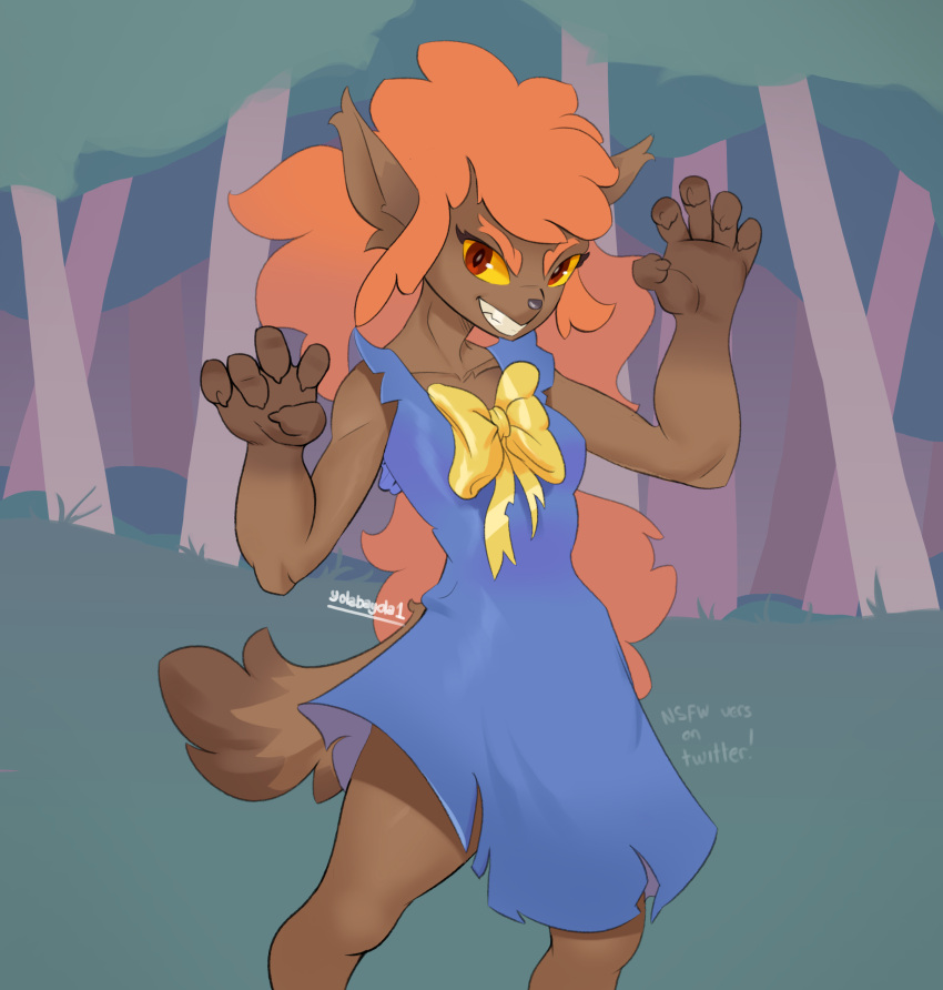 2022 5_fingers absurd_res anthro artist_name black_nose blue_clothing blue_dress brown_body brown_fur canid canine clenched_teeth clothed clothing detailed_background digital_media_(artwork) dress english_text eyebrows eyelashes female fingers forest forest_background fur ghoul_school hair hanna-barbera hi_res looking_at_viewer mammal nature nature_background orange_eyebrows orange_hair plant red_eyes scooby-doo_(series) smile solo teeth text tree were werecanid werecanine werewolf winnie_werewolf_(ghoul_school) yellow_sclera yolabayola1