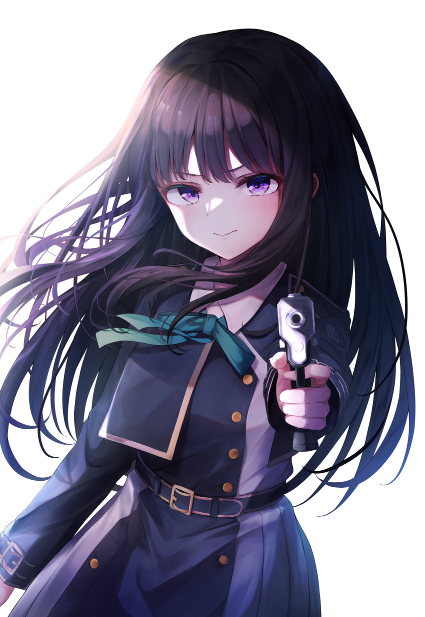 1girl black_hair closed_mouth commentary_request dress green_ribbon gun highres holding holding_gun holding_weapon inoue_takina long_hair long_sleeves looking_at_viewer lycoris_recoil neck_ribbon pinafore_dress pointing pointing_at_viewer purple_eyes ribbon school_uniform shishou_(doragyurosu) simple_background solo upper_body weapon white_background