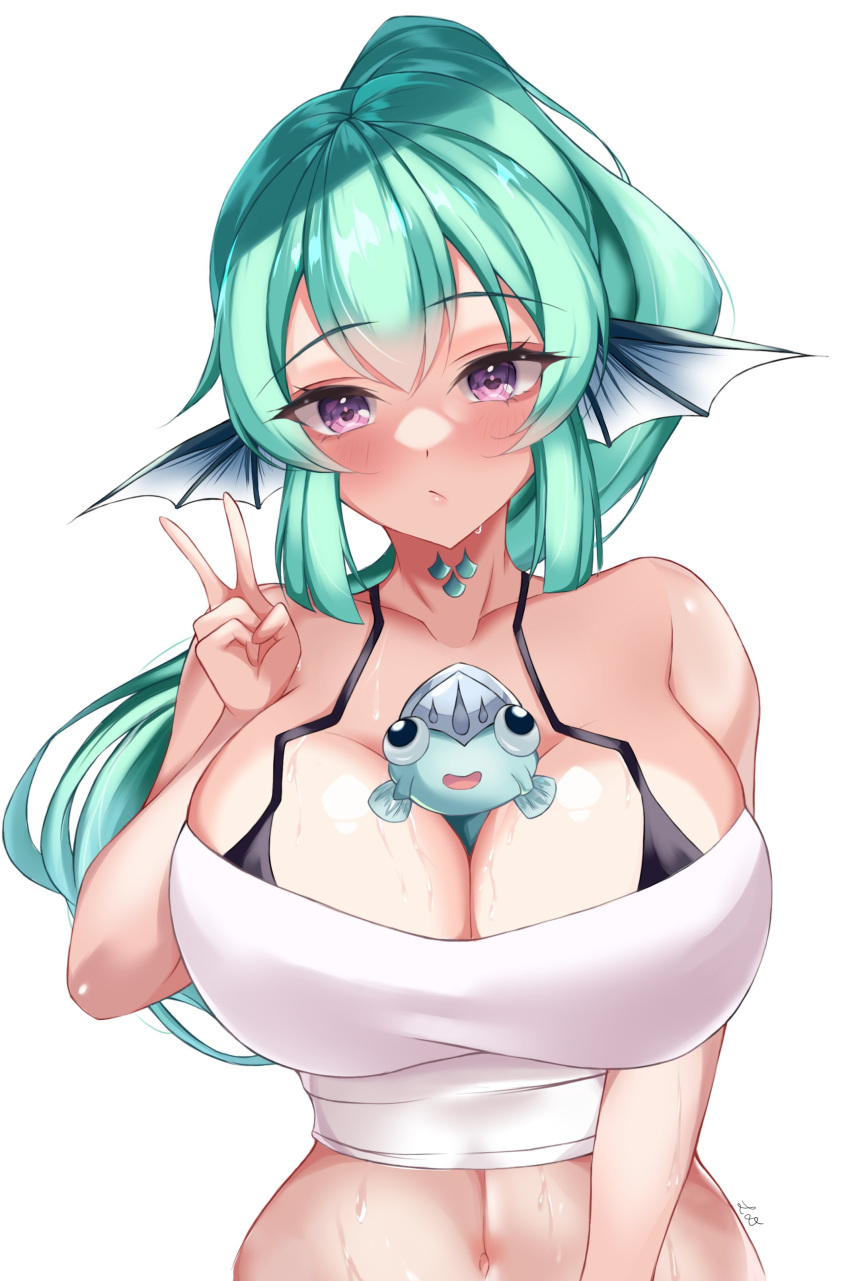 1girl absurdres alternate_breast_size between_breasts bikini black_bikini breasts cleavage collarbone finana_ryugu floating_hair green_hair head_fins highres large_breasts leon_decarabia looking_at_viewer navel nijisanji nijisanji_en ponytail purple_eyes ryuguard_(finana_ryugu) shirt solo swimsuit upper_body v wet white_shirt