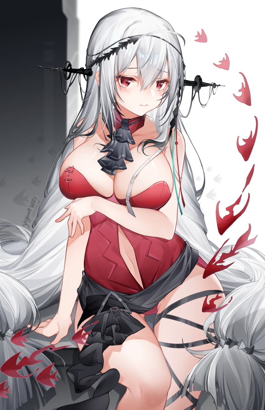 1girl 3: adapted_costume arknights arm_at_side arm_under_breasts ascot bangs bare_shoulders black_ascot blush breasts cleavage closed_mouth clothing_cutout dated detached_collar feet_out_of_frame fish grey_hair headgear highres knee_up large_breasts leotard long_hair navel navel_cutout red_eyes red_leotard signature simple_background sitting skadi_(arknights) skadi_the_corrupting_heart_(arknights) solo strapless strapless_leotard suaynnai_wanzi thigh_strap very_long_hair white_background