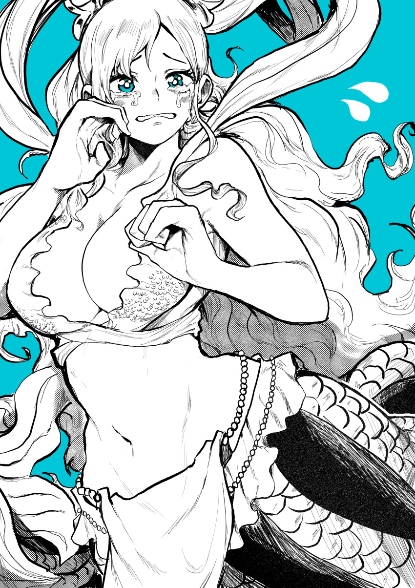 1girl absurdres blue_background blue_eyes breasts cleavage crying crying_with_eyes_open greyscale_with_colored_background hair_behind_ear highres large_breasts long_hair mermaid midriff monochrome monster_girl navel one_piece scylla shirahoshi solo spotlight tears tentacles very_long_hair yotsumi_shiro