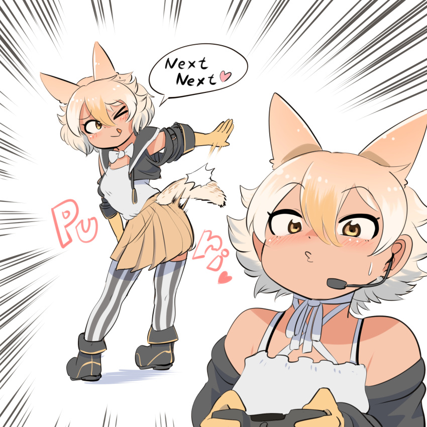 animal_costume animal_ear_fluff animal_ears back black_jacket blonde_hair blush coyote_(kemono_friends) coyote_ears coyote_girl coyote_tail gloves highres jacket kemono_friends kemono_friends_v_project looking_at_viewer mcgunngu microphone parody shirt short_hair simple_background soulcalibur soulcalibur_vi tail virtual_youtuber white_shirt yellow_eyes yellow_gloves