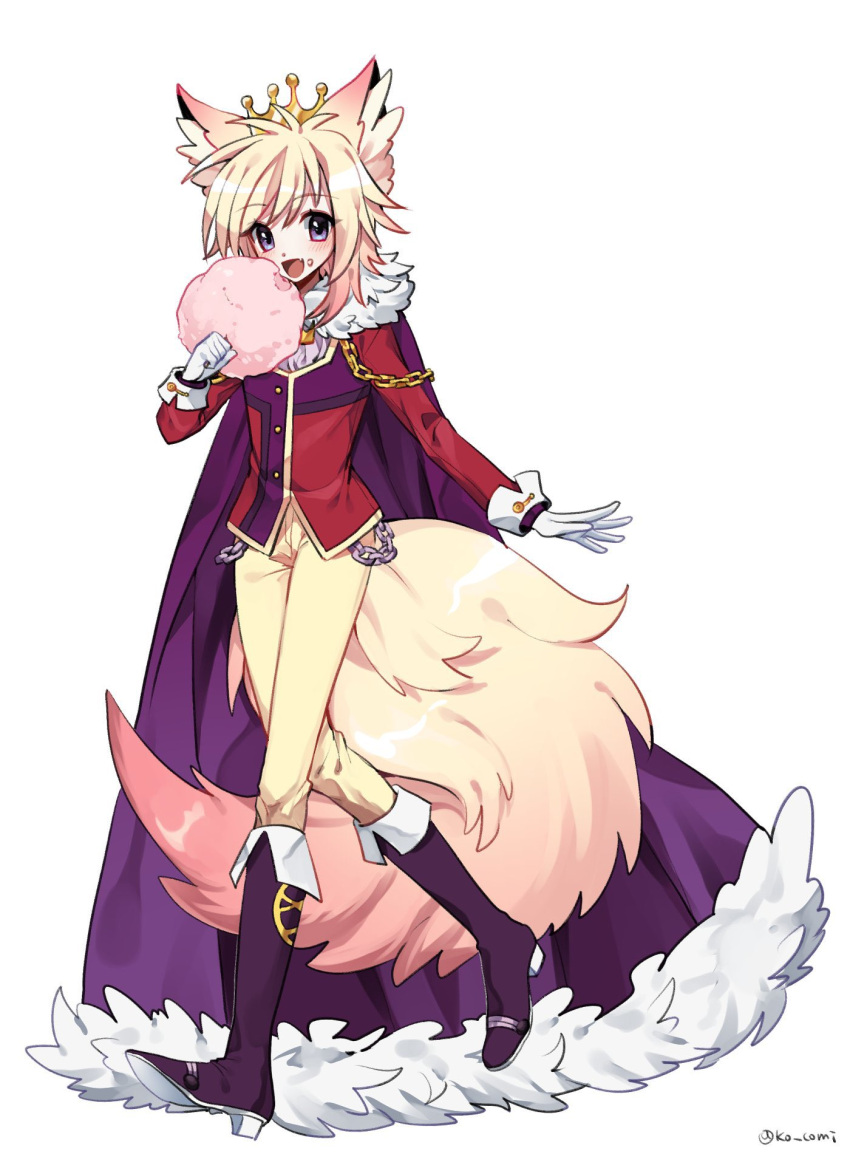 1boy animal_ears blonde_hair cape commission cotton_candy crown eating food fox_boy fox_ears fox_tail full_body fur_trim gloves highres holding holding_food koyashaka long_sleeves looking_at_viewer male_focus multicolored_hair original pants pink_hair prince_rigel_(majy) purple_eyes second-party_source solo tail white_background