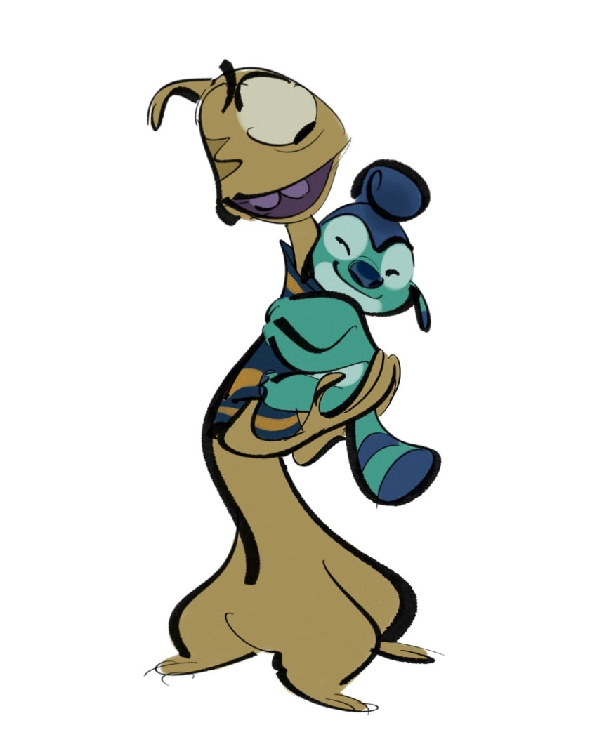 1_eye 2022 2_tongues 3_legs alien antennae_(anatomy) blue_nose bottomless carrying clothed clothing dipstick_ears disney duo experiment_(lilo_and_stitch) eyes_closed happy head_markings hi_res horn lilo_and_stitch looking_at_another looking_down markings multi_arm multi_limb multi_tongue multicolored_ears occipital_markings plorgonarian purple_mouth purple_tongue simple_background striped_markings striped_tail stripes tail_markings teal_body tongue velyash wendy_pleakley white_background yaarp