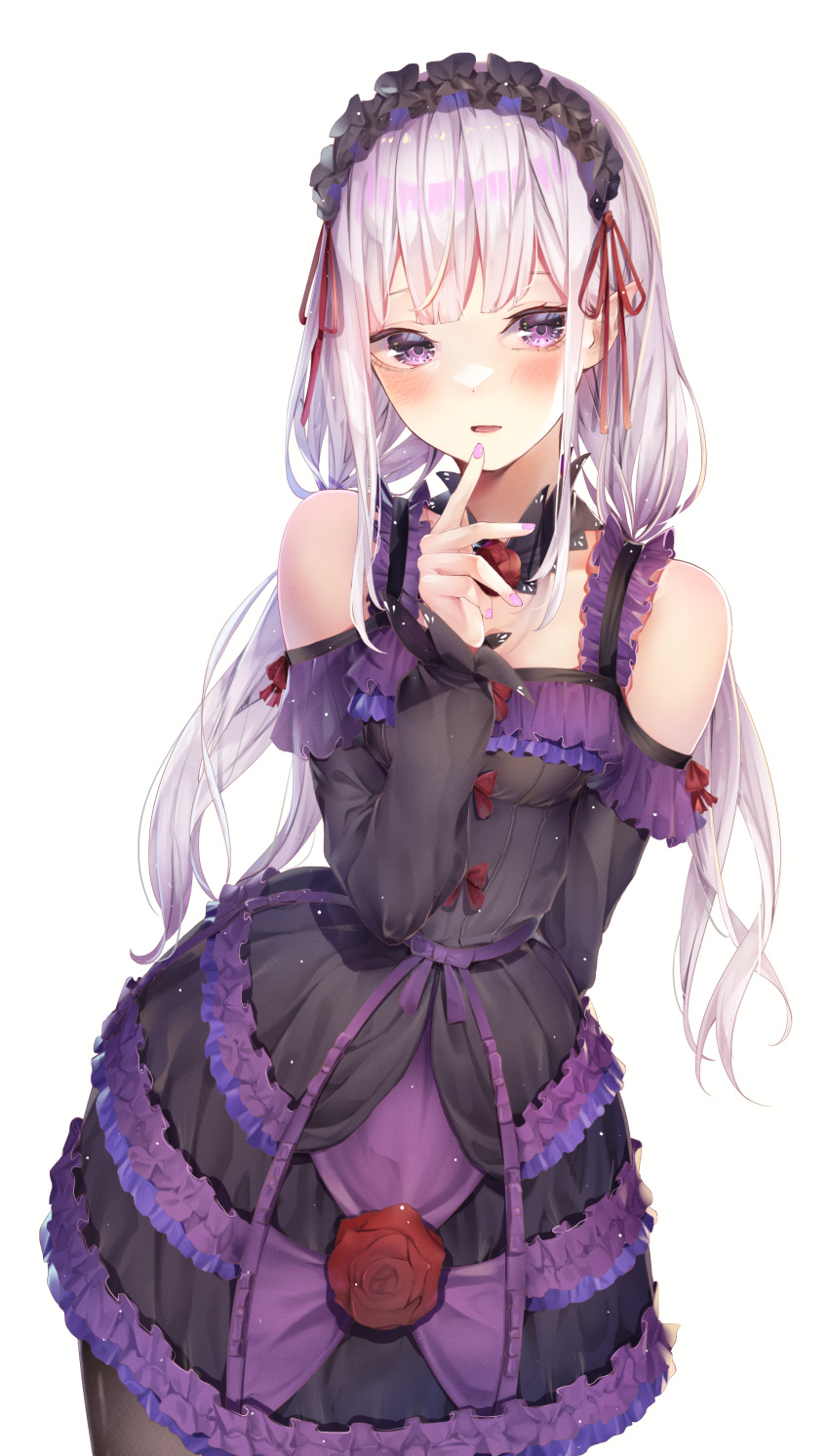 1girl absurdres black_hairband blush braid dress emilia_(re:zero) flower frilled_dress frilled_hairband frills hair_ribbon hairband highres light_purple_hair long_hair purple_dress purple_eyes purple_nails re:zero_kara_hajimeru_isekai_seikatsu red_flower red_ribbon ribbon simple_background solo white_background yuunamida_uyu