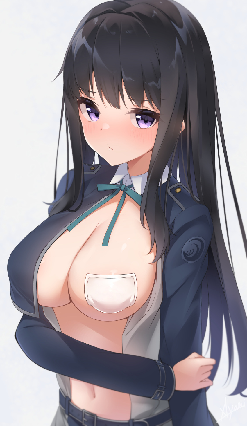 1girl :/ absurdres belt black_hair blue_jacket blush breasts closed_mouth furrowed_brow green_ribbon highres holding_own_arm inoue_takina jacket long_hair looking_at_viewer lycoris_recoil medium_breasts navel neck_ribbon open_clothes open_shirt pasties purple_eyes ribbon solo straight_hair upper_body xlyami