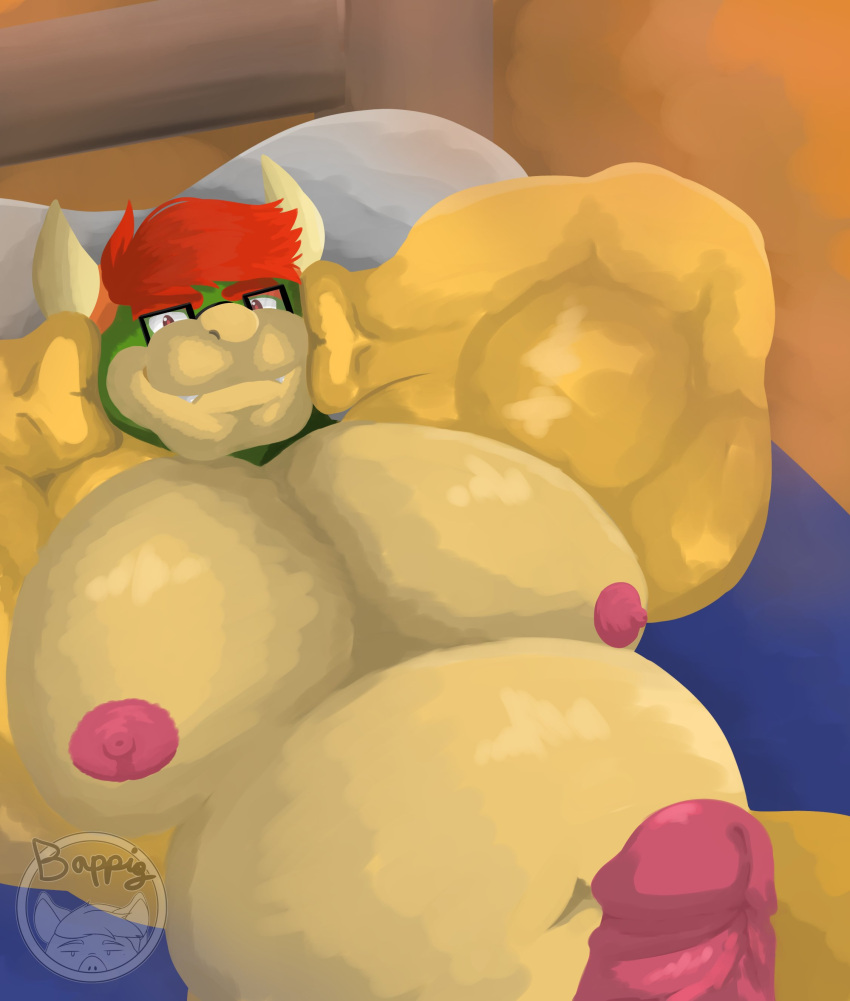 absurd_res anthro areola bappig bed belly biceps big_belly bowser cute_fangs erection eyewear eyewear_only fangs foreskin furniture genitals glasses glasses_only hair hi_res horn humanoid_genitalia humanoid_penis inside koopa lying male mario_bros musclegut muscular muscular_anthro muscular_male navel nintendo nipples nude on_back on_bed overweight overweight_anthro overweight_male pecs penis pillow red_hair retracted_foreskin scalie smile solo video_games