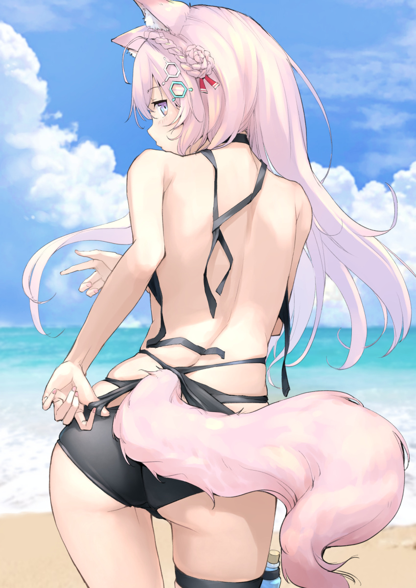 1girl adjusting_clothes adjusting_swimsuit animal_ear_fluff animal_ears ass bangs bikini black_bikini blush braid coyote_ears coyote_girl crown_braid hair_ornament hakui_koyori highres hololive long_hair looking_at_viewer looking_back mitsuru_(pixiv_34028718) ocean pink_hair purple_eyes solo swimsuit thigh_strap virtual_youtuber