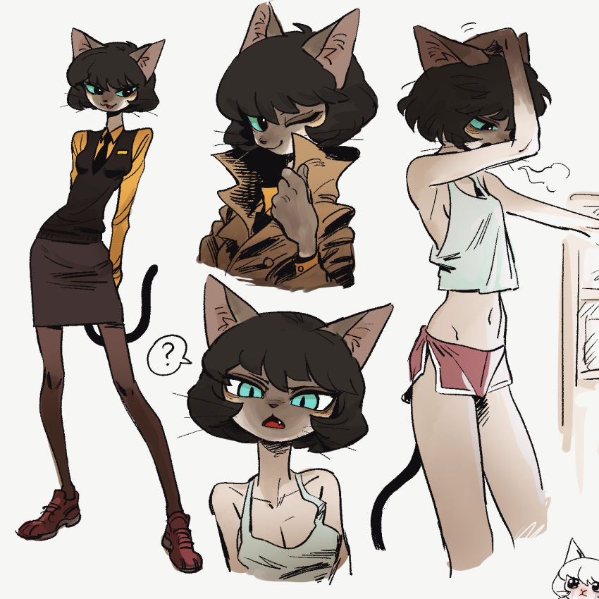 1girl ? animal_ears black_eyes black_hair black_necktie black_vest blue_sclera breasts brown_jacket cat_ears cat_girl cat_tail cleavage collared_shirt colored_sclera fang furry furry_female golaegun grey_background grey_skirt grey_tank_top highres jacket korean_commentary multiple_views navel necktie one_eye_closed open_mouth original shirt short_hair skirt speech_bubble spoken_question_mark tail tank_top vest yellow_shirt