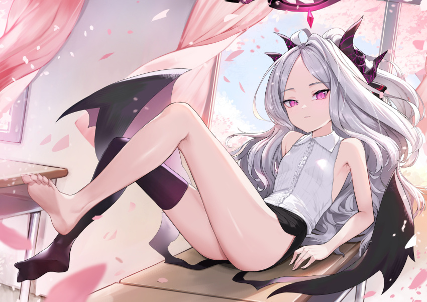 1girl arm_support bare_arms bare_shoulders barefoot black_shorts black_thighhighs blue_archive breasts collared_shirt curtains demon_horns demon_wings desk falling_petals halo highres hina_(blue_archive) horns leaning_back legs legs_up long_hair looking_at_viewer on_desk parted_lips petals pink_eyes rui_rubellent shirt shorts single_thighhigh sitting sitting_on_desk slim_legs slit_pupils small_breasts solo thighhighs toes white_hair white_shirt wind wings