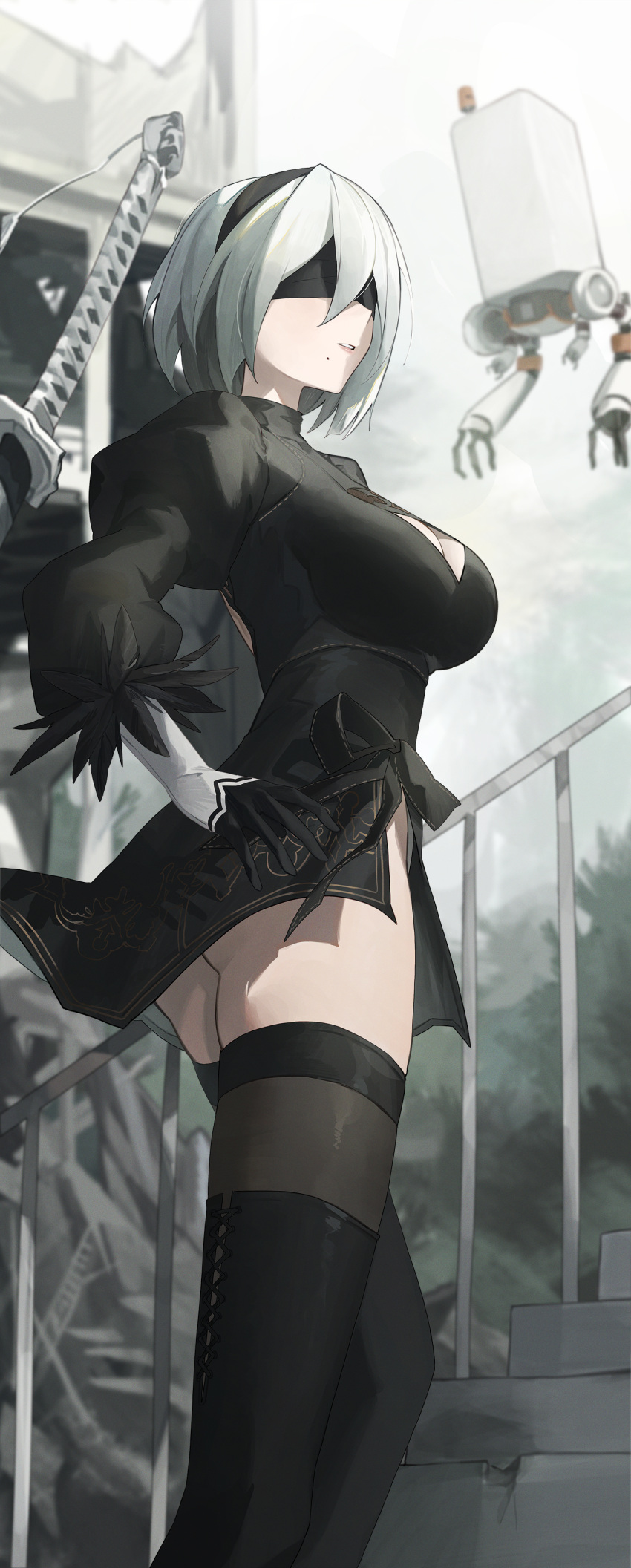 1girl absurdres ass bangs black_blindfold black_dress black_hairband black_thighhighs blindfold blurry blurry_background breasts cleavage cleavage_cutout clothing_cutout dress feather-trimmed_sleeves hairband highres juliet_sleeves long_sleeves looking_to_the_side mole mole_under_mouth nier_(series) nier_automata outdoors parted_lips pod_(nier_automata) puffy_long_sleeves puffy_sleeves railing short_hair sidelocks sky so_shio solo stairs standing sword thighhighs weapon yorha_no._2_type_b