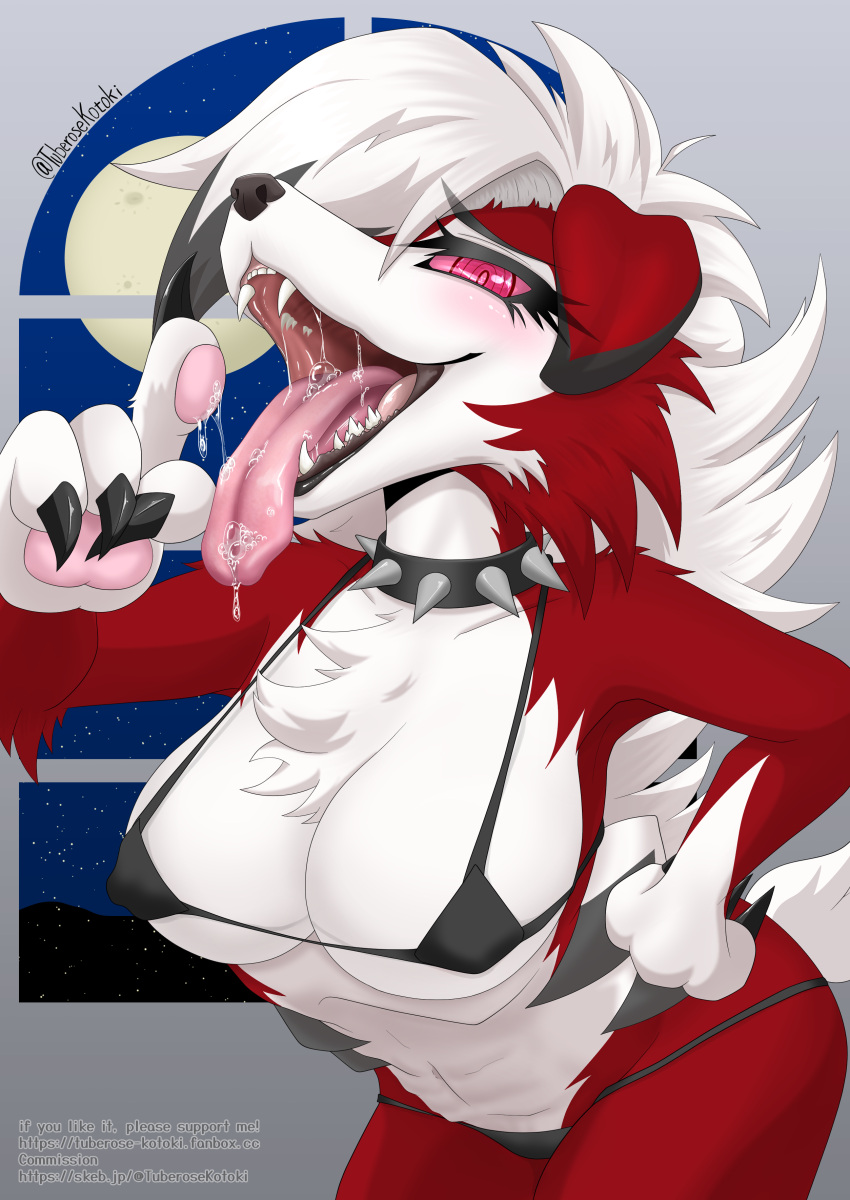 2022 4_fingers absurd_res anthro big_breasts bikini black_hair black_nose blush bodily_fluids breasts canid canine claws cleavage clothed clothing collar drooling english_text fangs female female_anthro finger_claws fingers floppy_ears fur hair half-closed_eyes hand_on_hip hi_res kemono lycanroc mammal micro_bikini midnight_lycanroc multicolored_hair narrowed_eyes nintendo nipple_outline open_mouth pawpads pink_eyes pink_sclera pok&eacute;mon pok&eacute;mon_(species) red_body red_fur saliva saliva_on_finger saliva_on_tongue sharp_teeth signature solo spiked_collar spikes swimwear teeth text tongue tongue_out tuberosekotoki under_boob url video_games white_body white_fur white_hair