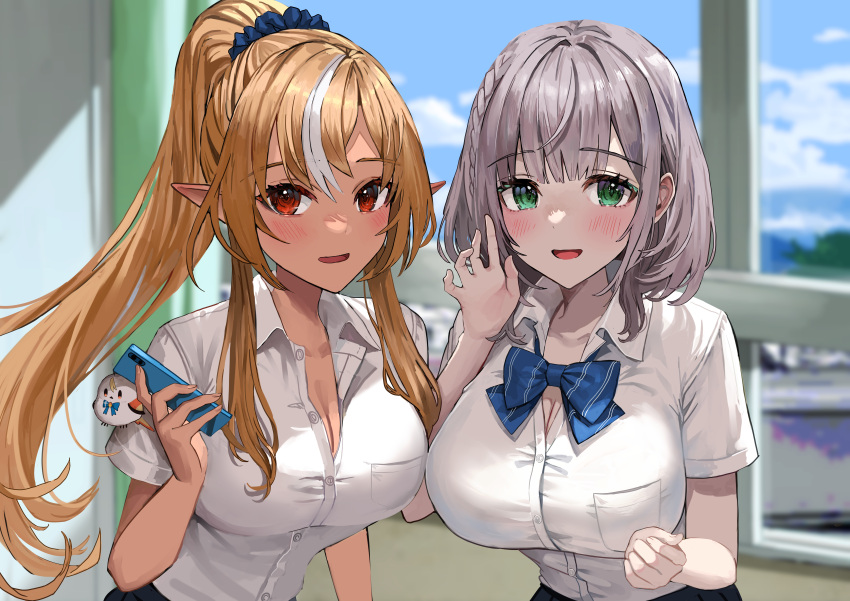 2girls :d absurdres bangs blue_sky blurry blurry_background blush braid breast_pocket breasts brown_hair cellphone cellphone_charm charm_(object) cleavage collared_shirt dark-skinned_female dark_skin day depth_of_field dress_shirt green_eyes grey_hair hair_ornament hair_scrunchie highres holding holding_phone hololive indoors large_breasts leaning_forward long_hair multicolored_hair multiple_girls open_mouth phone pocket pointy_ears red_eyes rum_raisin_(chihiromakita19) school_uniform scrunchie shiranui_flare shirogane_noel shirt short_hair short_sleeves side_braid sky smartphone smile streaked_hair two-tone_hair upper_body very_long_hair white_hair window