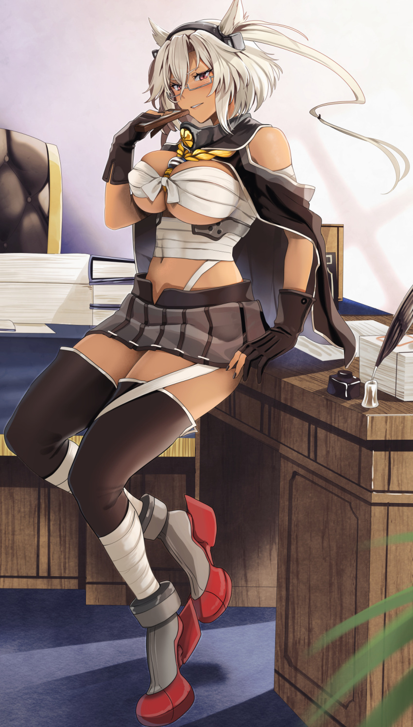 1girl black_gloves black_nails black_thighhighs blush breasts fingernails glasses gloves grey_skirt hair_between_eyes highres holding kantai_collection large_breasts long_hair musashi_(kancolle) nail_polish navel open_mouth partially_fingerless_gloves pleated_skirt pointy_hair red_eyes rudder_footwear sarashi skirt smile solo thighhighs two_side_up white_hair yunamaro