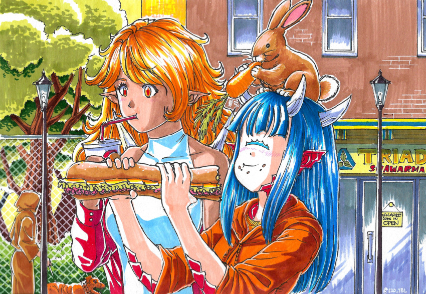 2girls animal_on_head bangs blue_hair blush brown_robe cacodemon closed_eyes cup dark-skinned_female dark_skin disposable_cup dog doom_(series) drinking_straw eating fence food horns imp_(doom) lamppost monster_girl multiple_girls on_head one-eyed orange_eyes orange_hair orange_shirt outdoors personification pointy_ears rabbit robe sandwich shirt shoulder_spikes spikes substance20 tree upper_body white_shirt window