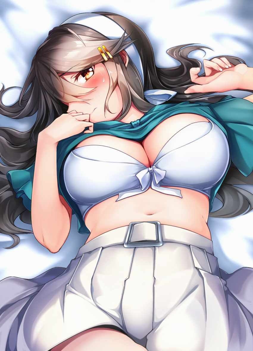 1girl belt black_hair bow bow_bra bra clothes_lift embarrassed green_eyes hair_ornament hair_over_one_eye hairband hairclip haruna_(kancolle) highres kantai_collection long_hair looking_at_viewer navel on_bed pantyhose pleated_skirt shirt_lift skirt tsukui_kachou underwear white_bra white_skirt
