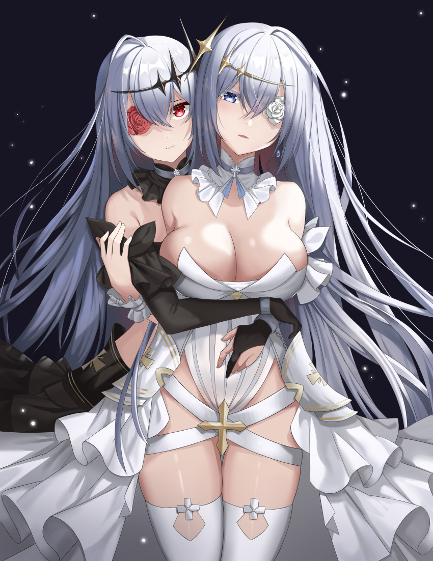 2girls absurdres azur_lane bare_shoulders black_dress black_gloves black_vs_white blue_eyes breasts cleavage dress dual_persona elbow_gloves emden_(azur_lane) flower flower_eyepatch gloves grabbing grabbing_from_behind grey_hair hair_between_eyes hair_ornament highres large_breasts long_hair looking_at_viewer multiple_girls red_eyes red_flower red_rose rjh5820 rose shiny shiny_skin strapless strapless_dress thighhighs very_long_hair white_dress white_flower white_rose white_thighhighs