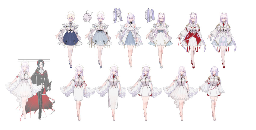 absurdres azur_lane black_hair black_thighhighs breasts claw_ring cleavage_cutout clothing_cutout detached_collar dress flower full_body gloves hair_flower hair_ornament hair_ribbon half_gloves halo height_difference highres horns large_breasts long_hair ohisashiburi plymouth_(azur_lane) purple_eyes purple_hair reference_sheet ribbon see-through short_hair standing tachi-e thighhighs twintails ulrich_von_hutten_(azur_lane) white_background white_dress yellow_eyes