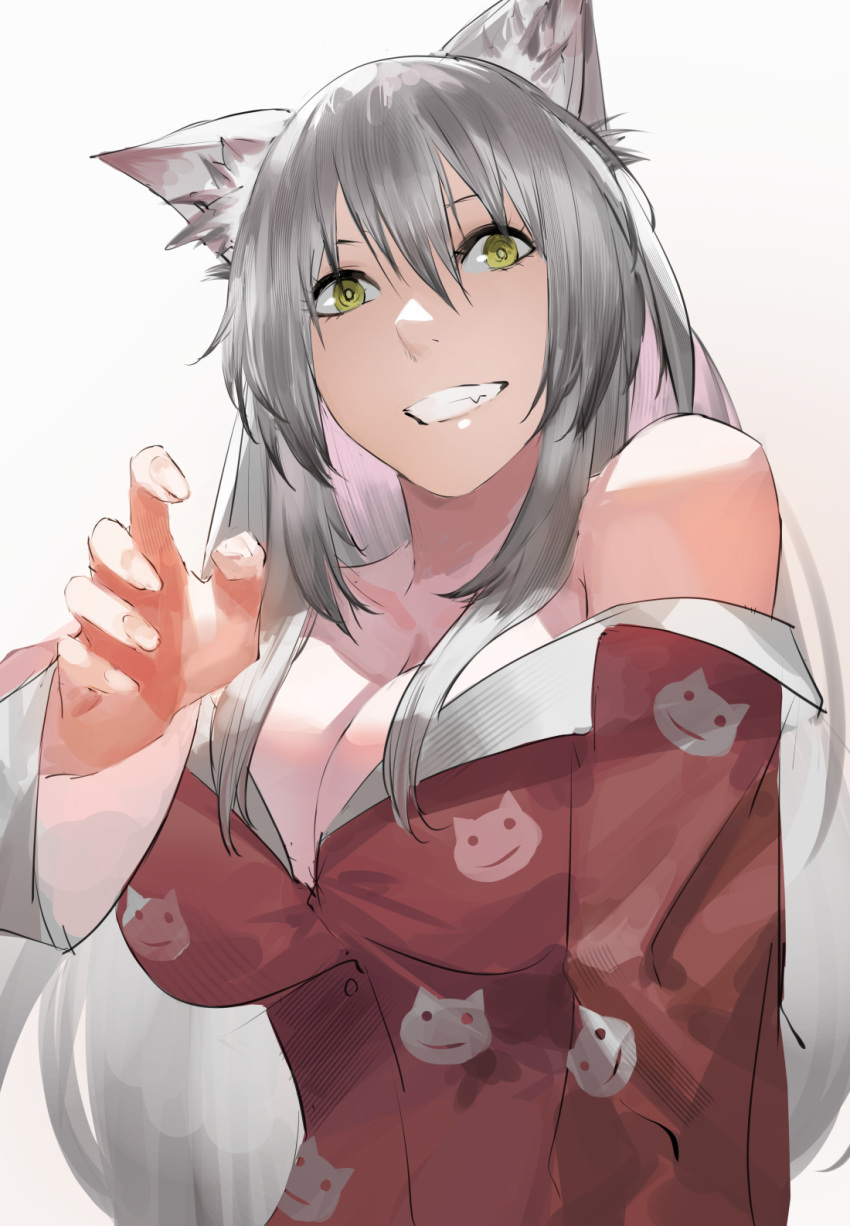 1girl animal_ear_fluff animal_ears animal_print bakemonogatari bakeneko bare_shoulders black_hanekawa blazpu breasts cat_ears cat_girl cat_print cleavage commentary english_commentary grey_hair grin hair_between_eyes hanekawa_tsubasa highres large_breasts long_hair looking_at_viewer monogatari_(series) off_shoulder pajamas print_pajamas smile solo teeth very_long_hair yellow_eyes