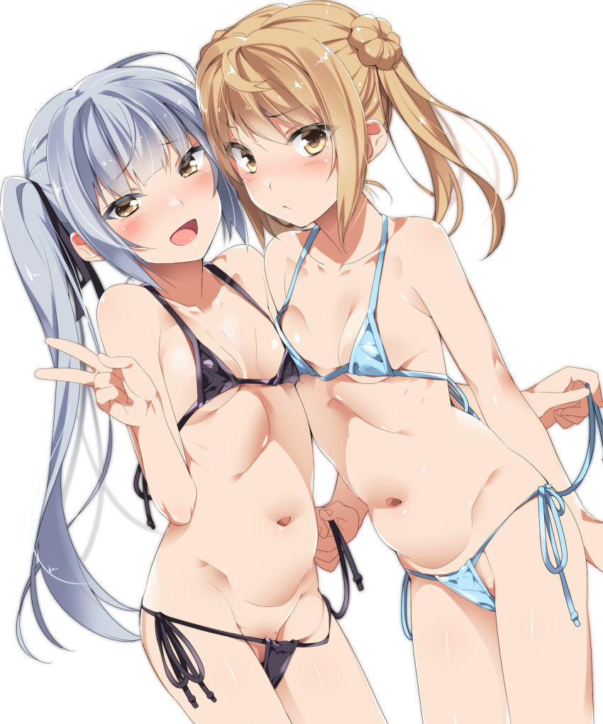 2girls absurdres assisted_exposure bangs bikini black_bikini black_ribbon blue_bikini blush breast_press breasts brown_eyes closed_mouth double_bun grey_hair hair_bun hair_ribbon half-closed_eyes highres kantai_collection kasumi_(kancolle) light_brown_hair long_hair looking_at_viewer michishio_(kancolle) micro_bikini mtu_(orewamuzituda) multiple_girls navel open_mouth partially_visible_vulva ribbon short_twintails side-tie_bikini side_ponytail simple_background small_breasts smile standing swimsuit symmetrical_docking twintails untying v white_background