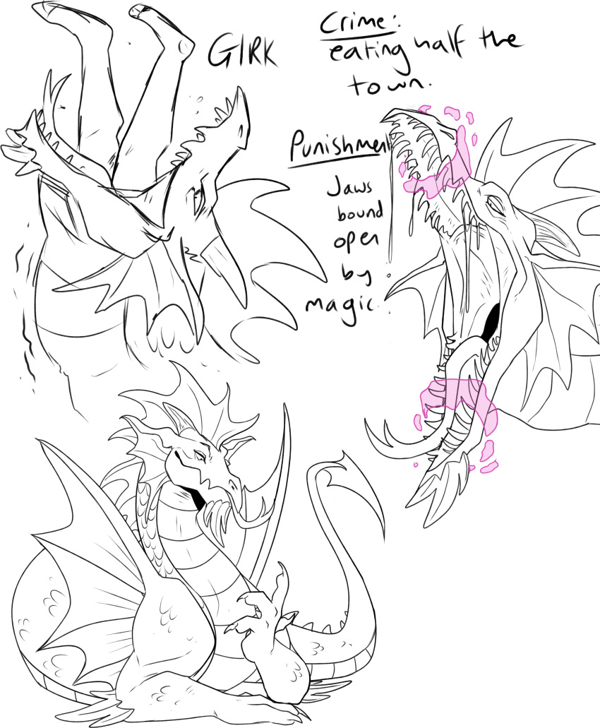 absurd_res bodily_fluids dragon duo ear_frill english_text feral forked_tongue frill_(anatomy) hi_res horn imperatorcaesar membrane_(anatomy) membranous_wings oral_vore partially_colored saliva saliva_string sharp_teeth simple_background solo spade_tail teeth text tongue tongue_out vore wings