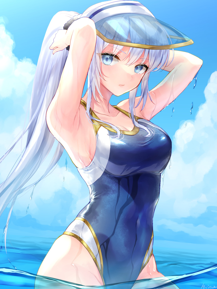 1girl armpits arms_behind_head arms_up breasts cleavage cloud collarbone commentary competition_swimsuit covered_navel cowboy_shot day elias_(sennen_sensou_aigis) grey_hair hair_ornament hair_scrunchie hi-na1 highres large_breasts long_hair looking_at_viewer ocean one-piece_swimsuit outdoors partially_underwater_shot ponytail scrunchie sennen_sensou_aigis sidelocks signature sky solo standing swimsuit very_long_hair visor_cap wading water wet wet_clothes wet_swimsuit