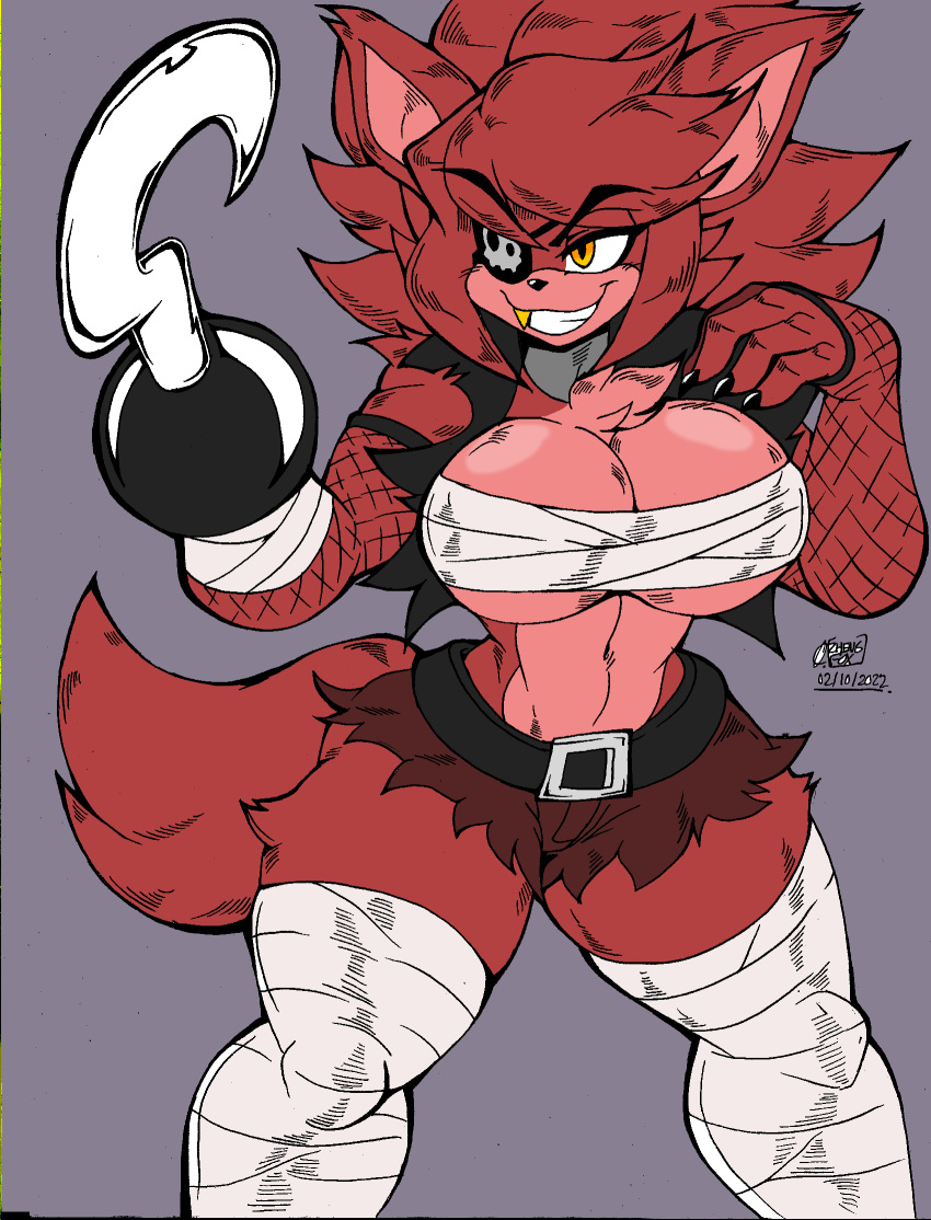 2022 akatsukishiranui-fox animal_humanoid bandage bandaged_chest bandaged_leg bedroom_eyes belt big_breasts bottomwear breasts canid canid_humanoid canine canine_humanoid chest_wraps claws claws_out cleavage cleavage_overflow clothed clothing crossgender curvy_figure cutoffs daisy_dukes denim denim_clothing disability eye_patch eyewear fangs female fishnet fishnet_armwear fishnet_elbow_gloves five_nights_at_freddy's five_nights_in_anime fox fox_humanoid foxy_(fnaf) fur gold_(metal) gold_tooth grey_background grin hair half_blind hi_res hook hook_hand hotpants hourglass_figure huge_breasts humanoid ineffective_clothing legwear mammal mammal_humanoid missing_hand multicolored_body multicolored_fur narrowed_eyes open_clothing open_topwear open_vest pirate pose red_body red_fur red_hair round_breasts scottgames seductive shorts signature simple_background smile solo teeth teeth_showing thick_thighs thigh_highs topwear two_tone_body two_tone_fur vest video_games wraps yellow_eyes zhengfox