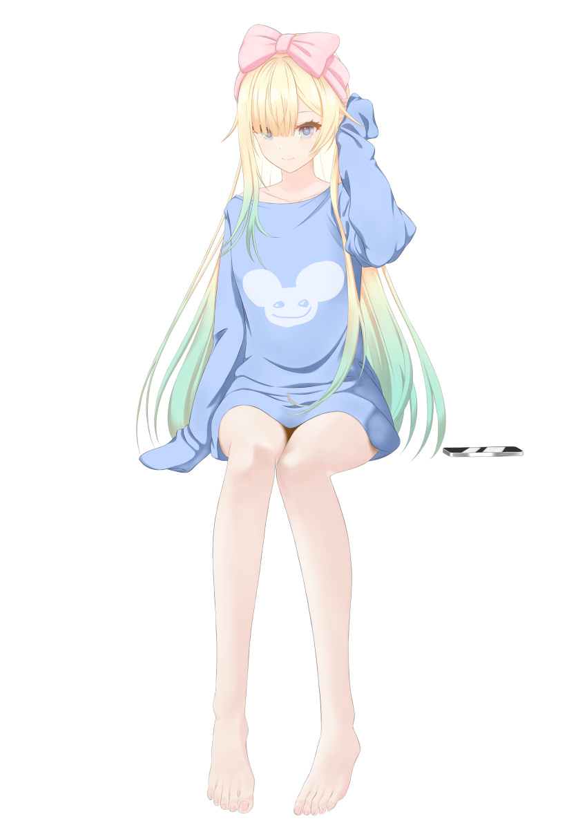 1girl absurdres aizawa_ema asymmetrical_bangs bangs bare_legs barefoot blonde_hair blue_eyes blue_shirt blunt_bangs bow cellphone gradient_hair hair_between_eyes highres light_blue_hair long_hair looking_at_viewer multicolored_hair nouto oversized_clothes oversized_shirt phone pink_bow shirt simple_background sleeves_past_fingers sleeves_past_wrists smartphone solo towel towel_on_head very_long_hair virtual_youtuber vspo! white_background