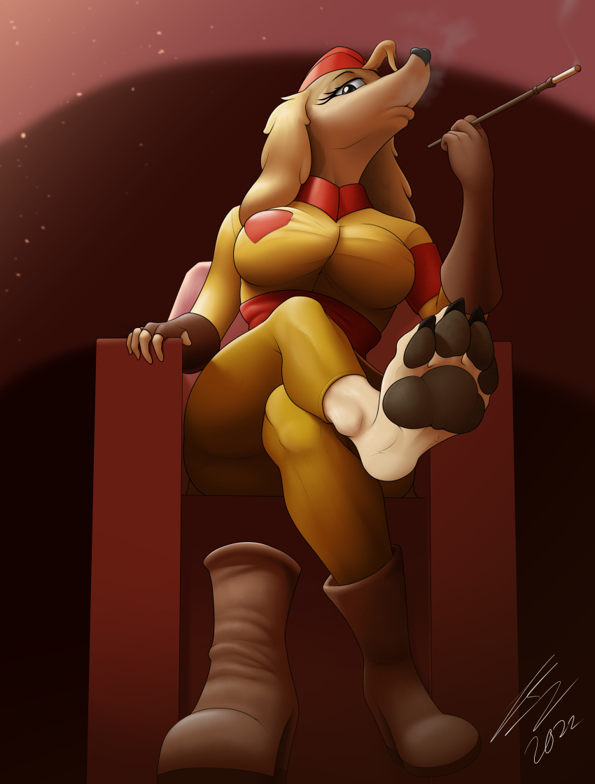 absurd_res anthro armband belt big_breasts black_claws black_eyes bluevanilla_(artist) bottomwear breasts brown_background brown_clothing brown_footwear brown_gloves brown_handwear brown_pawpads brown_shoes canid canine canis claws clothing crossed_legs cuphead_(game) domestic_dog eyelashes female fingerless_gloves footwear fur gloves handwear hat headgear headwear hi_res hunting_dog looking_at_viewer mammal military_hat military_uniform pants pawpads pilot_saluki_(cuphead) red_belt red_clothing red_hat red_headwear saluki shoes sighthound simple_background sitting smoke smoke_from_mouth smoking smoking_pipe solo tan_body tan_fur thick_thighs topwear uniform video_games wide_hips yellow_bottomwear yellow_clothing yellow_pants yellow_topwear