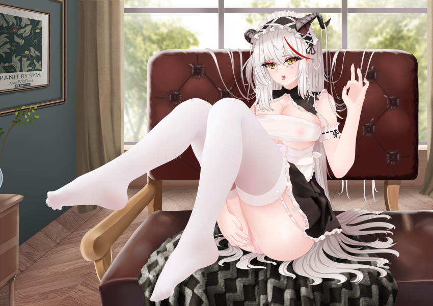 1girl absurdres aegir_(azur_lane) aegir_(iron_blood's_dragon_maid)_(azur_lane) artist_name ass azur_lane black_skirt blur_censor breasts censored cleavage covered_nipples curtains demon_horns frilled_hairband frills full_body hair_on_horn hairband highres horns indoors looking_at_viewer miniskirt multicolored_hair no_panties no_shoes official_alternate_costume ok_sign open_mouth red_hair see-through_bra sitting skirt solo streaked_hair sym. thighhighs two-tone_hair white_garter_straps white_hair white_thighhighs window wooden_floor yellow_eyes