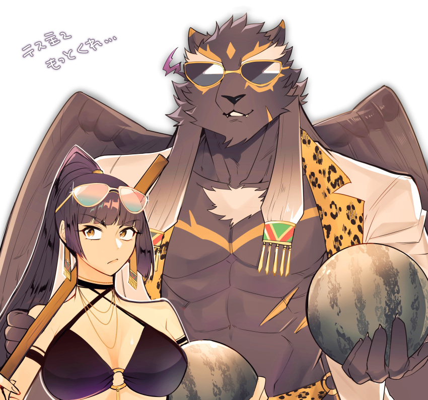 1boy 1girl absurdres animal_ears animal_nose animal_print bangs black_hair black_swimsuit blunt_bangs brown_eyes chest_hair earrings eyewear_on_head fangs fangs_out feathered_wings flaming_eye forked_eyebrows furry furry_male highres jaguar_boy jaguar_ears jewelry large_pectorals leopard_print long_hair looking_to_the_side male_swimwear master_2_(housamo) muscular muscular_male no_shirt open_mouth pectorals snout suikawari sunglasses swimsuit tezcatlipoca_(housamo) thick_eyebrows tokyo_afterschool_summoners touou translation_request upper_body white_background wings yellow_male_swimwear