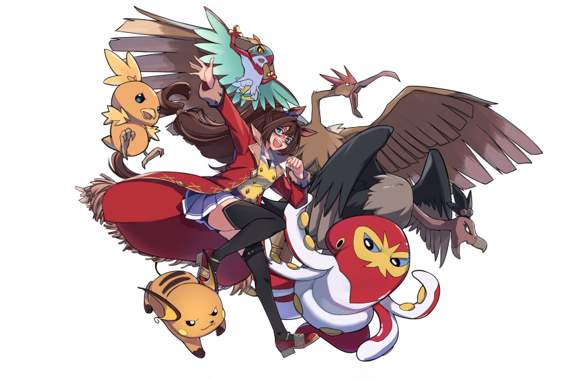 1girl animal_ears black_thighhighs brown_hair coat domino_mask ear_scrunchie el_condor_pasa_(umamusume) english_commentary fearow fuyukayui grapploct hawlucha high_ponytail highres horse_ears horse_girl horse_tail looking_at_viewer low_tied_hair mask miniskirt mixed-language_commentary pleated_skirt pokemon raichu red_coat shoes simple_background skirt tail thighhighs trait_connection umamusume white_background zettai_ryouiki