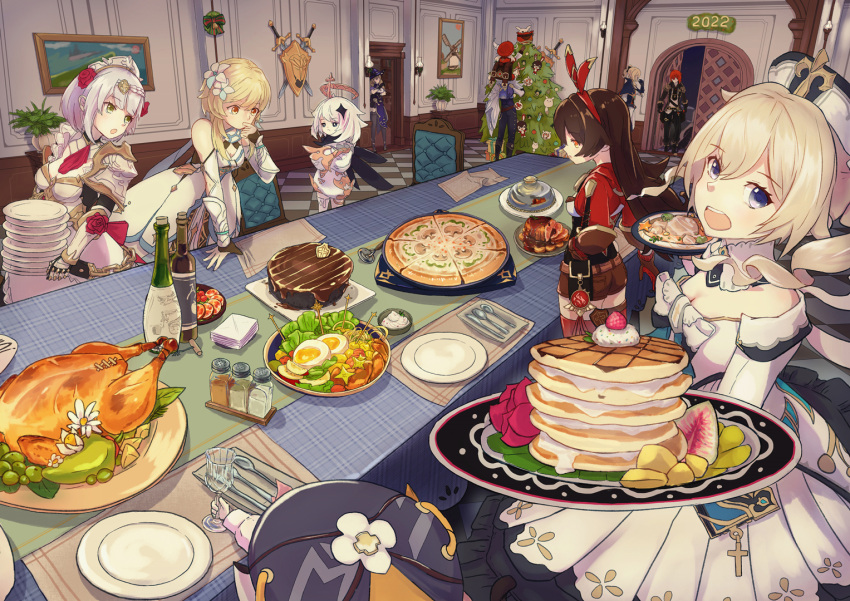 2boys 6+girls :d ahoge amber_(genshin_impact) animal_ears apron armor ascot backpack bag bangs barbara_(genshin_impact) baron_bunny_(genshin_impact) blonde_hair blue_eyes bottle bow braid breastplate breasts brown_hair cabbie_hat cai_yuan cake carrying cat_ears cat_girl chair chicken_(food) chocolate_cake christmas christmas_ornaments christmas_tree cleavage commentary_request detached_collar detached_sleeves diluc_(genshin_impact) diona_(genshin_impact) dodoco_(genshin_impact) food genshin_impact green_eyes grey_hair hair_between_eyes hair_bow hair_ornament hair_ribbon hat hat_feather hat_ornament indoors jean_(genshin_impact) jumpy_dumpty kaeya_(genshin_impact) klee_(genshin_impact) light_brown_hair lisa_(genshin_impact) long_hair long_sleeves looking_at_viewer low_twintails lumine_(genshin_impact) maid maid_apron maid_headdress meal meat multiple_boys multiple_girls noelle_(genshin_impact) orange_eyes paimon_(genshin_impact) pancake piggyback pizza pizza_slice plate ponytail randoseru red_hair ribbon short_hair short_hair_with_long_locks short_sleeves shoulder_armor sidelocks single_braid sleeveless smile table twintails vision_(genshin_impact) white_hairr wine_bottle witch_hat