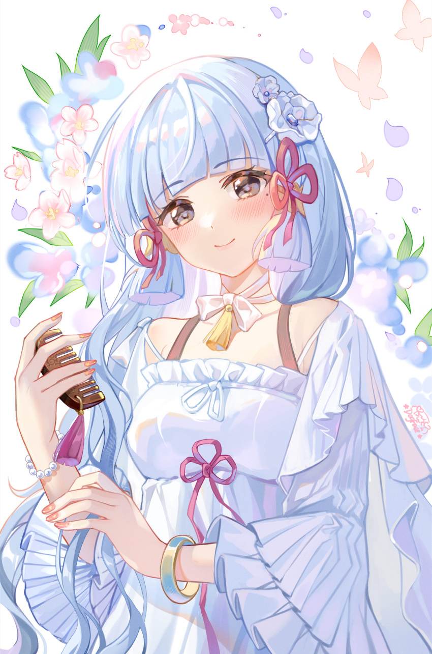 1girl blush bracelet breasts casual comb commentary_request dress flower genshin_impact gou_lianlian_dogface grey_hair hair_flower hair_ornament hair_ribbon highres holding holding_comb jewelry kamisato_ayaka mole mole_under_eye pink_nails pink_ribbon ribbon smile white_dress