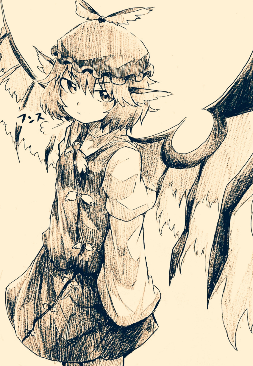 1girl animal_ears bird_ears bird_wings blush closed_mouth cowboy_shot dress hair_between_eyes hakurou_hokuto hat highres mystia_lorelei short_hair sleeves_past_fingers sleeves_past_wrists solo touhou traditional_media wide_sleeves winged_hat wings