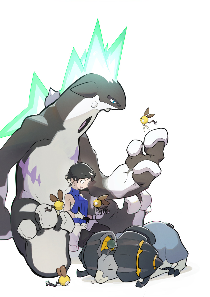 1girl :d absurdres black_gloves black_hair character_request doodlerush fingerless_gloves french_commentary from_side gloves highres layered_gloves pokemon pokemon_(creature) simple_background sitting smile white_background white_gloves