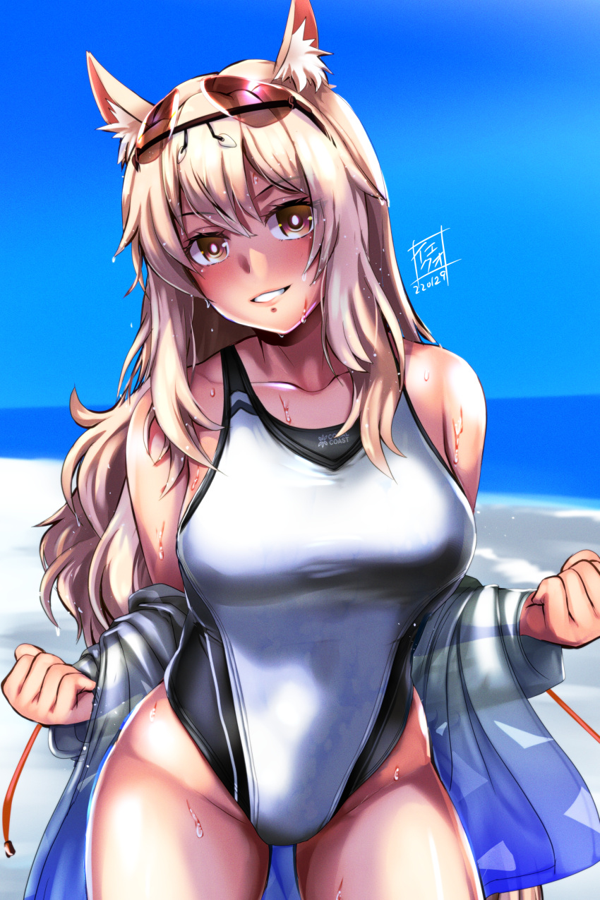 absurdres animal_ears arknights artist_logo blonde_hair blue_sky brown_eyes cloud competition_swimsuit day highres horizon horse_ears horse_girl horse_tail implied_extra_ears jacket long_hair looking_at_viewer nearl_(arknights) ocean one-piece_swimsuit outdoors parted_lips sky smile swimsuit tail two-tone_swimsuit white_jacket white_swimsuit yellow_quokka