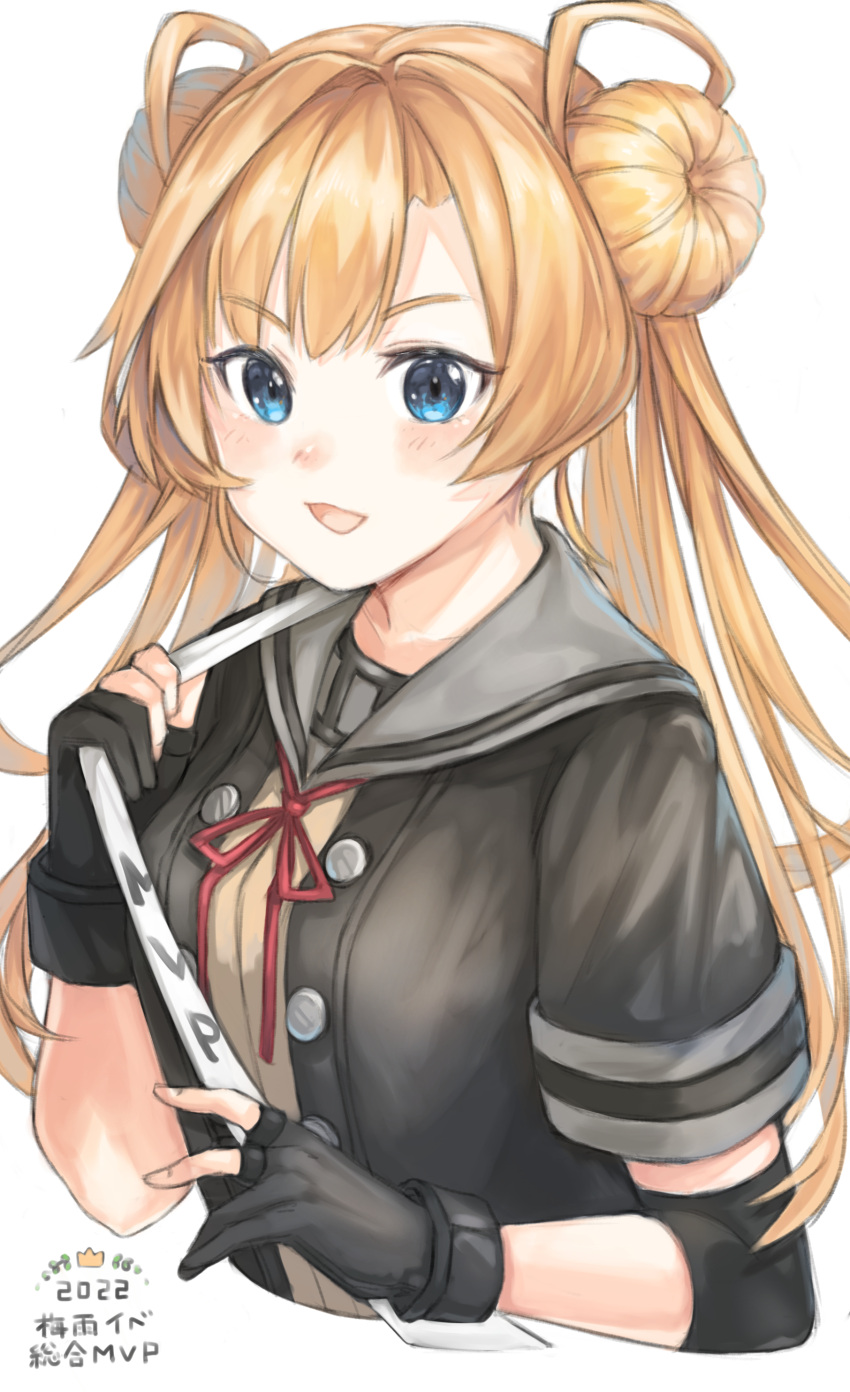 1girl absurdres abukuma_(kancolle) abukuma_kai_ni_(kancolle) black_gloves black_jacket blonde_hair blue_eyes double_bun gloves grey_sailor_collar hair_between_eyes hair_bun hair_rings highres jacket kantai_collection long_hair looking_at_viewer mvp neck_ribbon partially_fingerless_gloves red_ribbon ribbon rom_(rommmoon) sailor_collar school_uniform serafuku short_sleeves simple_background solo upper_body white_background