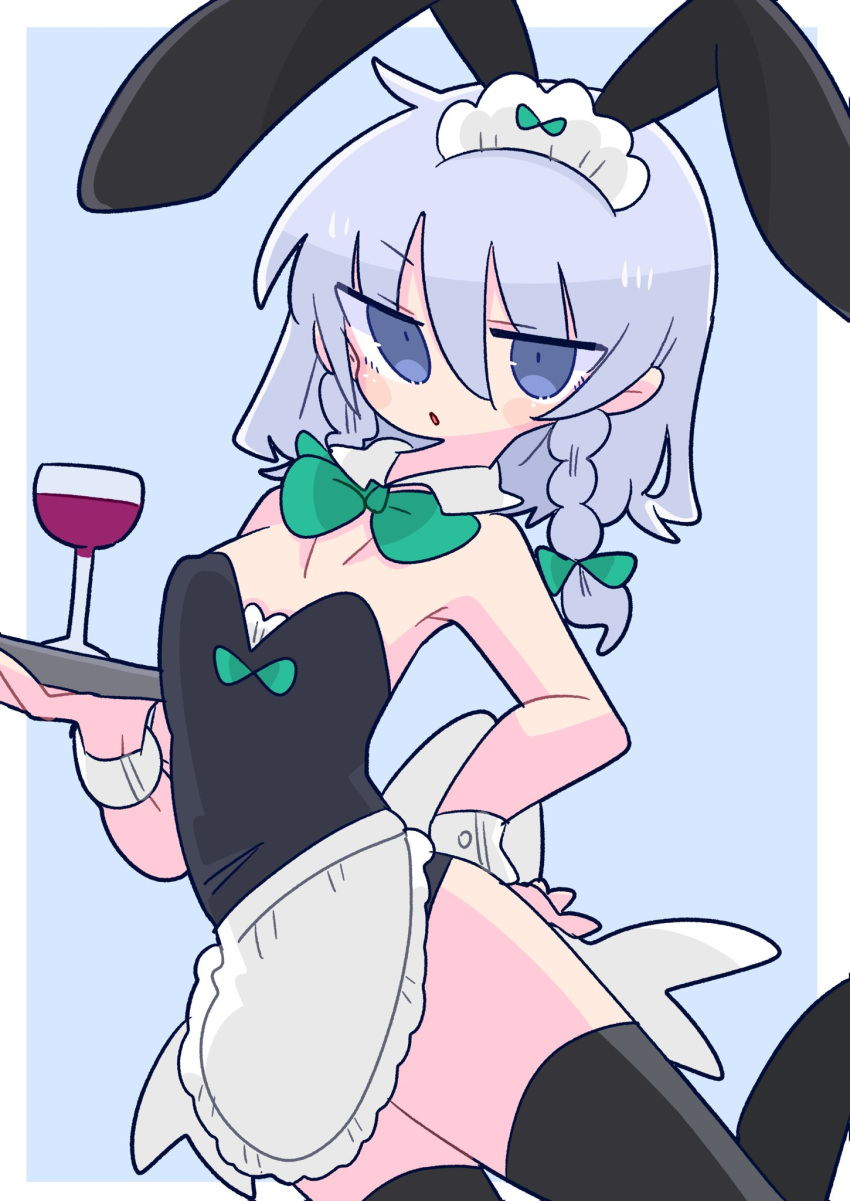 1girl alcohol animal_ears apron black_leotard blue_eyes bow bowtie braid cup detached_collar drinking_glass fake_animal_ears green_bow green_bowtie grey_hair hair_bow highres izayoi_sakuya leotard maid_headdress medium_hair op_na_yarou playboy_bunny rabbit_ears solo strapless strapless_leotard thighhighs touhou tray twin_braids waist_apron waist_bow white_apron white_bow wine wine_glass wrist_cuffs