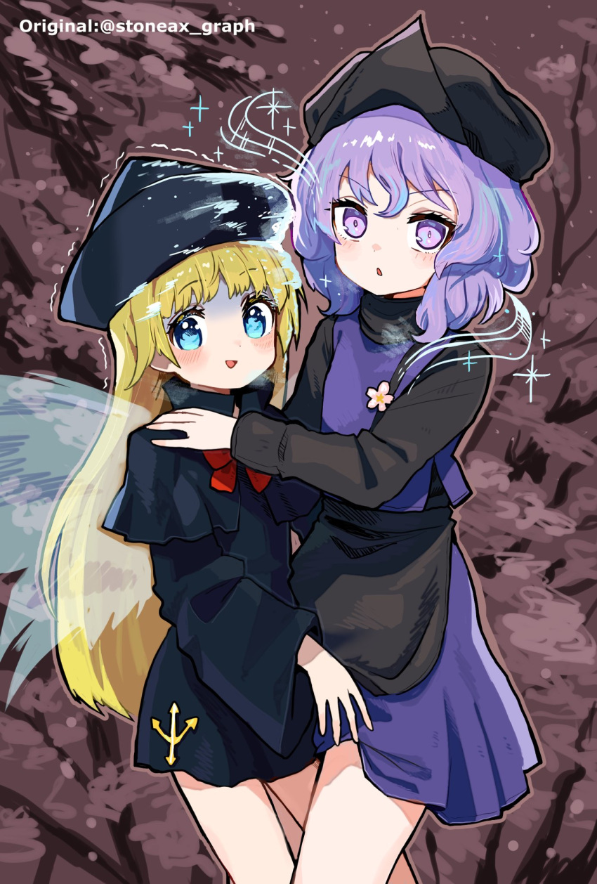 2girls black_capelet black_dress black_headwear blonde_hair blue_eyes blue_skirt blue_vest blush capelet dress fairy fairy_wings hat highres howhow_notei letty_whiterock light_purple_hair lily_white long_hair long_sleeves multiple_girls open_mouth purple_eyes short_hair skirt touhou vest wings