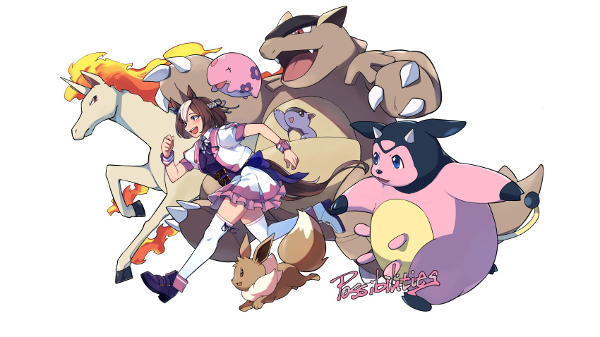 1girl absurdres animal_ears belt braid brown_hair commentary cropped_jacket eevee english_commentary french_braid frilled_skirt frills fuyukayui highres horse_ears horse_girl horse_tail kangaskhan miltank miniskirt multicolored_hair pokemon rapidash running shoes short_hair simple_background skirt special_week_(umamusume) tail thighhighs trait_connection two-tone_hair umamusume white_background white_hair white_thighhighs