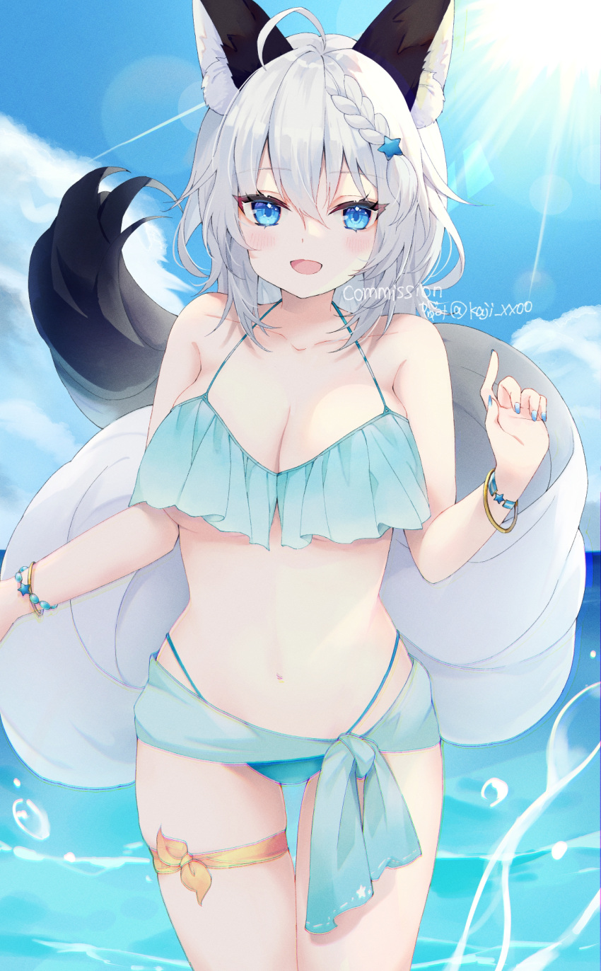 1girl 95kazumi :d ahoge animal_ears bangle bare_shoulders bikini blue_bikini blue_eyes bracelet braid breasts cleavage commission day fox_ears fox_girl fox_tail halterneck highleg highleg_bikini highres jewelry light_rays looking_at_viewer medium_breasts medium_hair navel open_mouth original outdoors sarong skeb_commission smile solo stomach string_bikini sunbeam sunlight swimsuit tail thigh_gap thighs white_hair