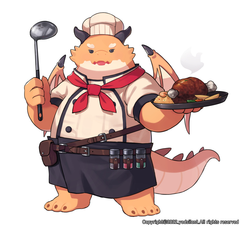 2022 absurd_res anthro apron biped black_eyes chef chef_hat chef_uniform clothing dragon food hat headgear headwear hi_res kemono overweight silentyed simple_background solo white_background