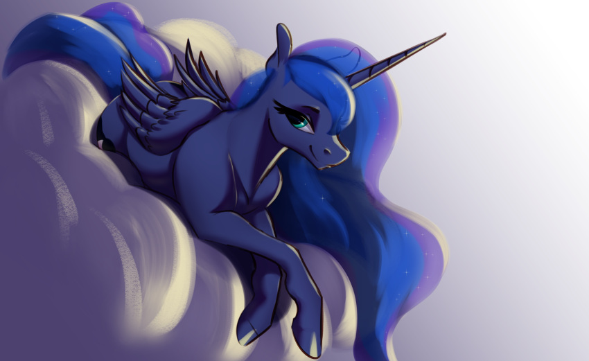 2022 absurd_res aquaticvibes blue_body blue_feathers blue_hair blue_tail digital_media_(artwork) equid equine eyelashes feathered_wings feathers female feral friendship_is_magic green_eyes hair hasbro hi_res hooves horn mammal my_little_pony princess_luna_(mlp) smile solo winged_unicorn wings