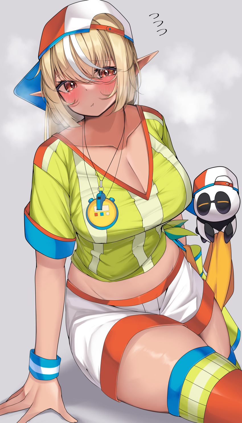 1girl absurdres backwards_hat blonde_hair breasts cleavage closed_mouth collarbone cosplay dark-skinned_female dark_skin grey_background hat highres hololive kintsuba_(shiranui_flare) kshimu large_breasts looking_at_viewer midriff multicolored_hair oozora_subaru oozora_subaru_(cosplay) pointy_ears red_eyes shiranui_flare shirt simple_background sitting stopwatch stopwatch_around_neck streaked_hair striped striped_shirt thick_thighs thighhighs thighs vertical-striped_shirt vertical_stripes virtual_youtuber whistle whistle_around_neck white_hair white_headwear